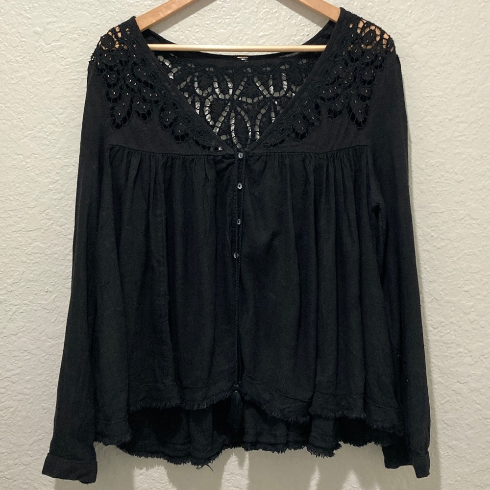 Free People Lace Top With Gold Bead Detail Flowy Black Button-up Blouse, size M